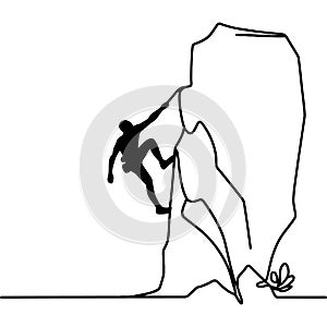 One line drawing of a female climber hanging from the top of a mountain. A young smiling climber climbs a rock