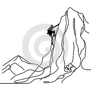 One line drawing of a female climber hanging from the top of a mountain. A young smiling climber climbs a rock