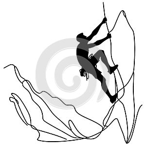 One line drawing of a female climber hanging from the top of a mountain. A young smiling climber climbs a rock