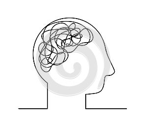 One line drawing frustrated person vector isolated on white background. Vector concept confusion in the head.One