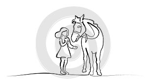 One line drawing. Girl feeding a horse