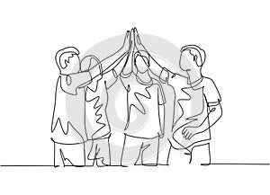 One line drawing group of man and woman celebrating their successive goal with high five gesture together. Business meeting deal
