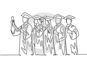 One line drawing group of young happy graduate male and female college student wearing gown and holding diploma certificate paper