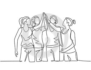 One line drawing of group of young happy women giving high five gestures after doing some aerobics exercise at gymnasium together