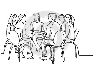 One line drawing of group of young people talking