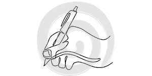 One line drawing of hand holding a pen writing on a paper. Minimalism continuous sketch vector illustration, simplicity design