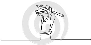 One line drawing of hand holding a pen writing on a paper. Minimalism continuous sketch vector illustration, simplicity design