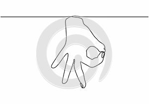 One line drawing of hand showing OK gesture. Contour hand drawn single lineart minimalism continuous style