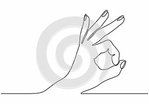 One line drawing of hand showing OK gesture. Contour hand drawn single lineart minimalism continuous style photo