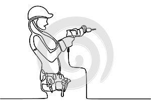 One line drawing of happy girl handyman wearing helmet and carrying tools while holding drill machine. Woman repair construction