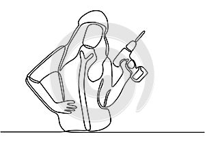 One line drawing of happy girl handyman wearing helmet and carrying tools while holding drill machine. Woman repair construction