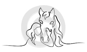 One line drawing. Horse and woman heads logo