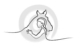 One line drawing. Horse and woman heads logo