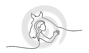 One line drawing. Horse and woman heads logo