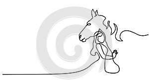 One line drawing. Horse and woman heads logo