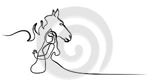 One line drawing. Horse and woman heads logo