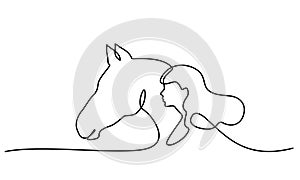 One line drawing. Horse and woman heads logo