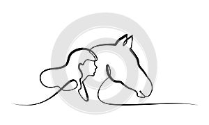 One line drawing. Horse and woman heads logo