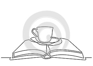 One line drawing of isolated vector object - cup of tea on book