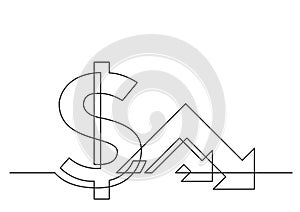 One line drawing of isolated vector object - dollar collapsing stock market