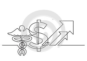 One line drawing of isolated vector object - dollar sign and medical symbol with arrows