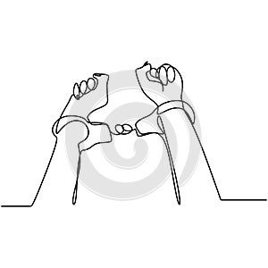 One line drawing of isolated vector object hand in handcuffs. Business concept sketch of crime investigation icons. Minimalist