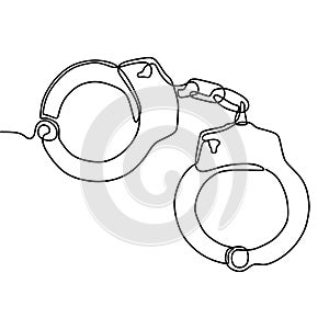 One line drawing of isolated vector object handcuffs. Business concept sketch of crime investigation icons. Minimalist design