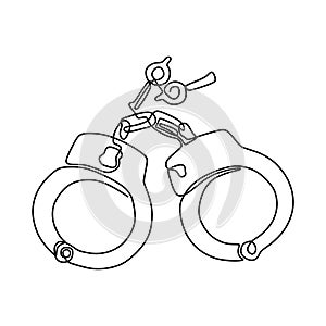 One line drawing of isolated vector object handcuffs. Business concept sketch of crime investigation icons. Minimalist design