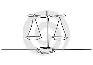 One line drawing of law balance, or Scale icon, symbol of court and firm. Vector illustration continuous hand drawn minimalism