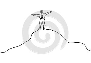 One line drawing of man on the top of the mountains. A happy energetic male on top of a mountain enjoying the natural beauty and