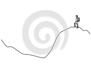 One line drawing of man on the top of the mountains. A happy energetic male on top of a mountain enjoying the natural beauty and