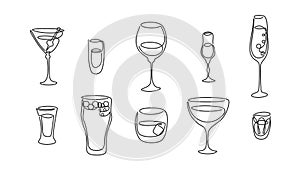 One line drawing martini rum red wine liquor champagne tequila beer whiskey vermouth vodka glass on white background. Freehand