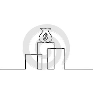 One line drawing of  money bag with growth graph