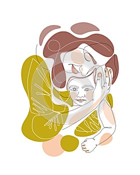 One line drawing of mother withher child. Mother care in continuous line drawing design style. Parental concept vector