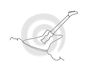 One line drawing of a musical stringed electric guitar instrument isolated on white background. Continuous one line drawing of