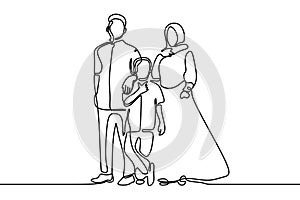 One line drawing muslim Family islamic religion of father, mother, and son