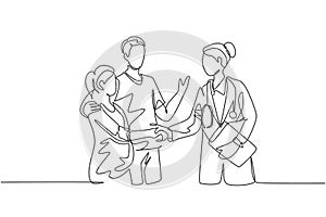 One line drawing of obstetrician and gynecologist doctor handshake and congratulate a happy young couple about the pregnancy.