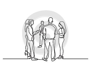 One line drawing of office party with people standing and talking