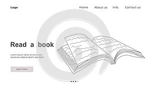 One line drawing open book with flying pages. illustration education supplies back to school theme for landing page website