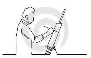 One line drawing of painter artist. A man standing and focus painting an artwork on canvas. Male holding paint brush