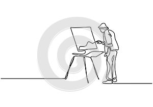 One line drawing of painter artist. A man standing painting an artwork on canvas. Continuous han drawn minimalism