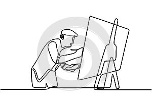 One line drawing of painter artist. A man standing painting an artwork on canvas. Man holding paint brush. Meaningful abstract