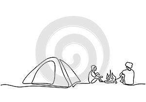 One line drawing people camping. Young man enjoy outdoor activity with tents and campfire. Adventure camping and exploration.