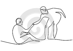 One line drawing of people help the others. Young man helping the other man who have fallen show solidarity gesture. Humanitarian