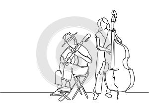 One line drawing of people playing classical music instrument. Man with acoustic guitar and girl with double bass isolated on