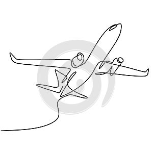 One line drawing a plane. The passenger plane flight in the sky isolated on white background. Business and tourism, airplane