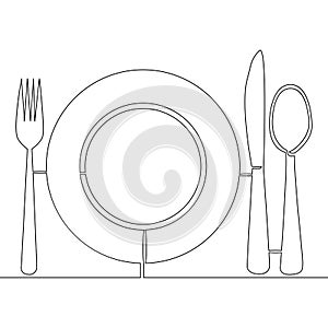 One line drawing plate, spoon, khife and fork