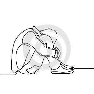 One line drawing of sad man hugs his knee and covering his face on white background. Continuous line drawing of frustration and