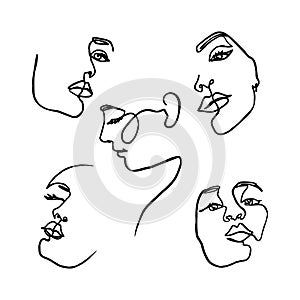 One Line drawing of set Woman`s Face. Continuous line Portrait of a girl In a Minimalist Style. Vector Illustration