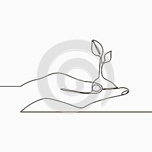 One line drawing of sprout in hand. Continuous line growing plant in hand palm. Hand-drawn illustration.